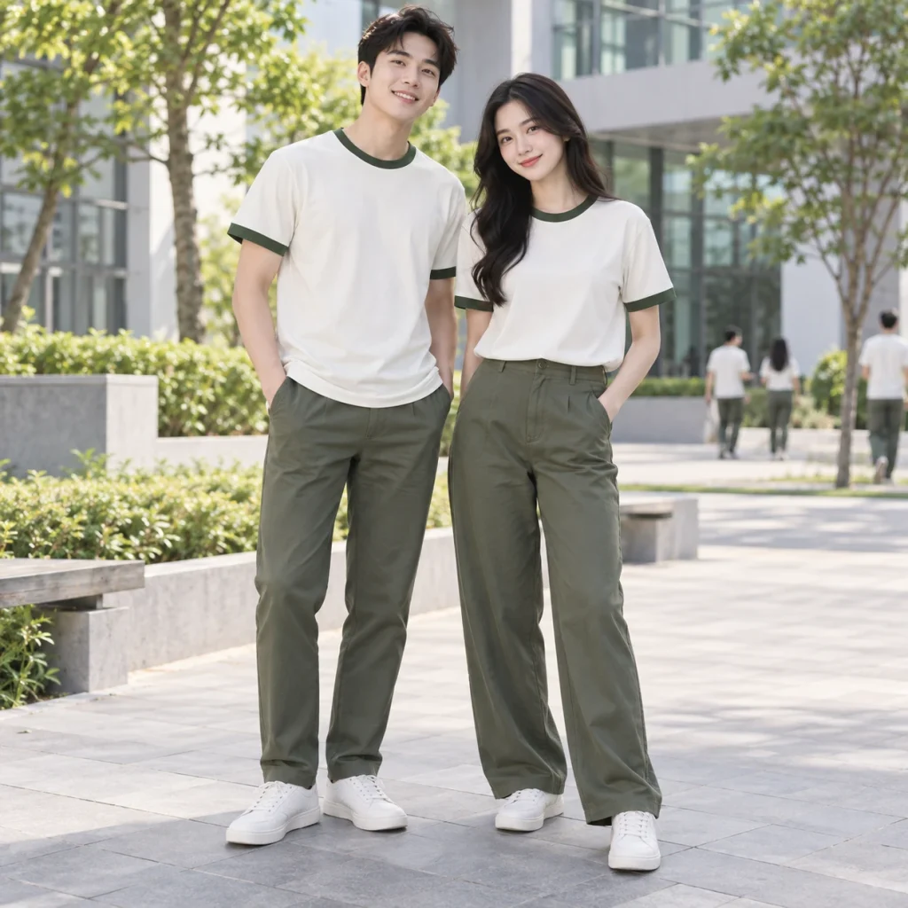 Áo cổ tròn đồng phục may sẵn Cotton Compact đứng phom – form regular cân đối trên người mẫu Việt Nam