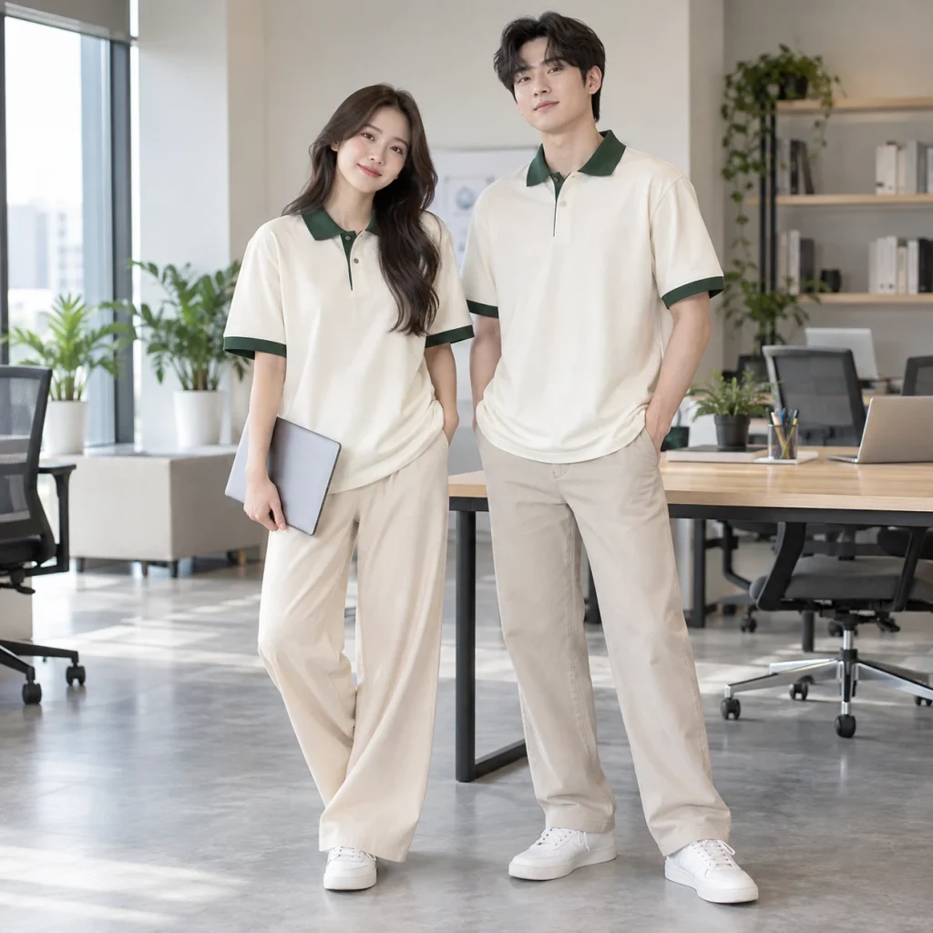 Áo lớp polo oversize Cotton Compact đứng phom – form regular cân đối trên người mẫu Việt Nam