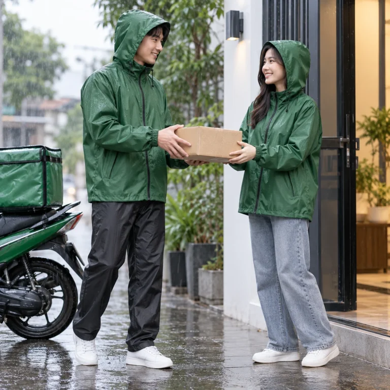 Áo mưa đồng phục Dù micro chống thấm Áo khoác khóa kéo có mũ trên người mẫu Việt Nam