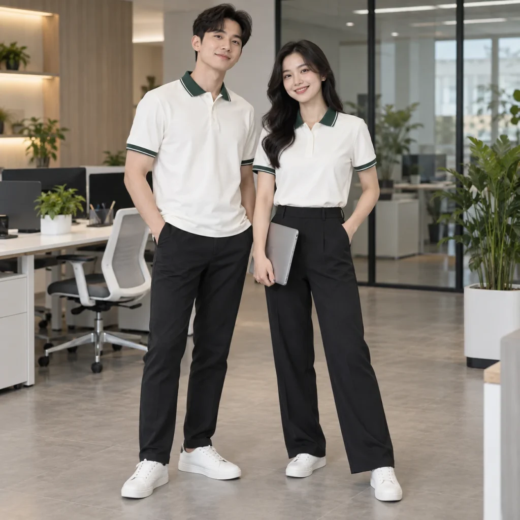 Áo polo đồng phục Cotton Compact đứng phom – form regular cân đối trên người mẫu Việt Nam