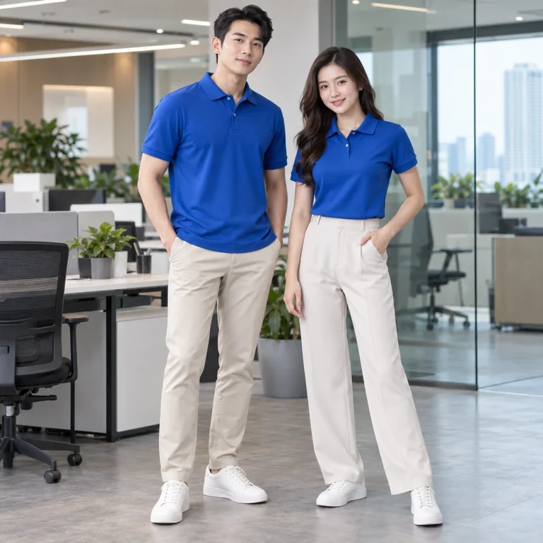 Áo polo đồng phục may sẵn Cá sấu poly co giãn Polo form regular bo cổ trên người mẫu Việt Nam
