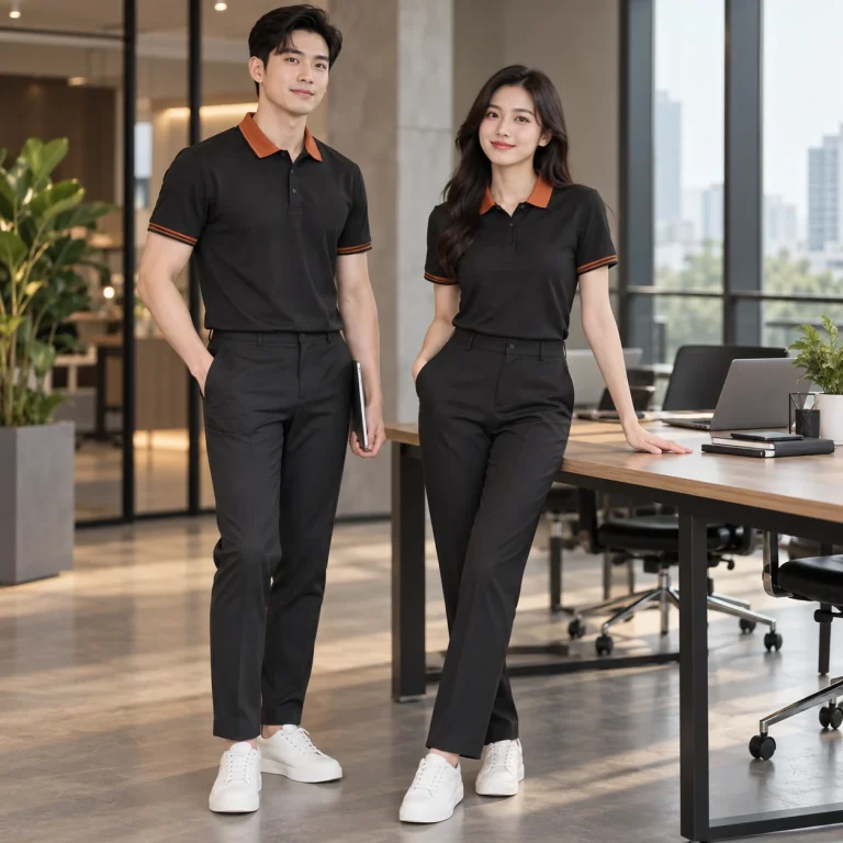 Áo polo đồng phục Twill Eco chống nhăn – form bán ôm may đo công thái học trên người mẫu Việt Nam