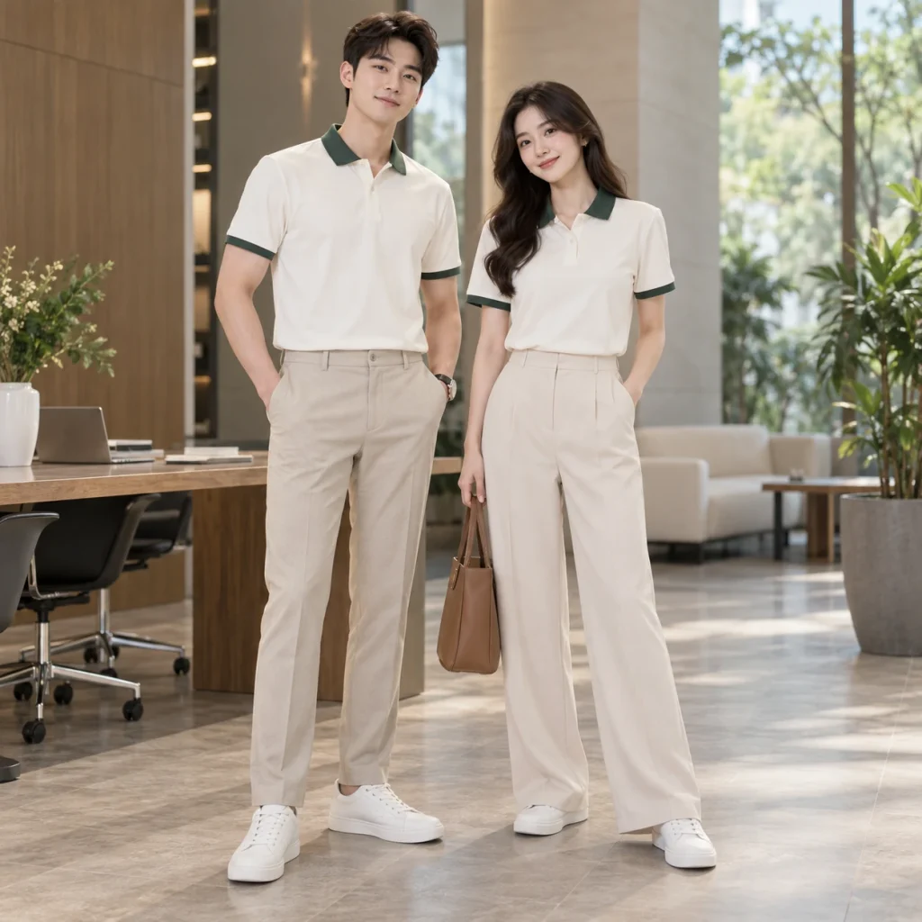 Áo thun cổ sơ mi Cotton Compact đứng phom – form regular cân đối trên người mẫu Việt Nam