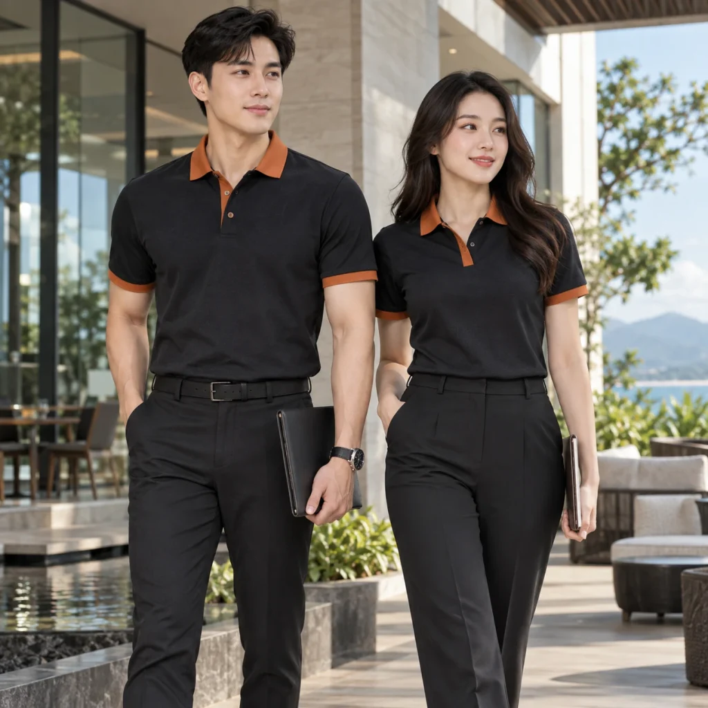Áo thun cổ sơ mi Twill Eco chống nhăn – form bán ôm may đo công thái học trên người mẫu Việt Nam