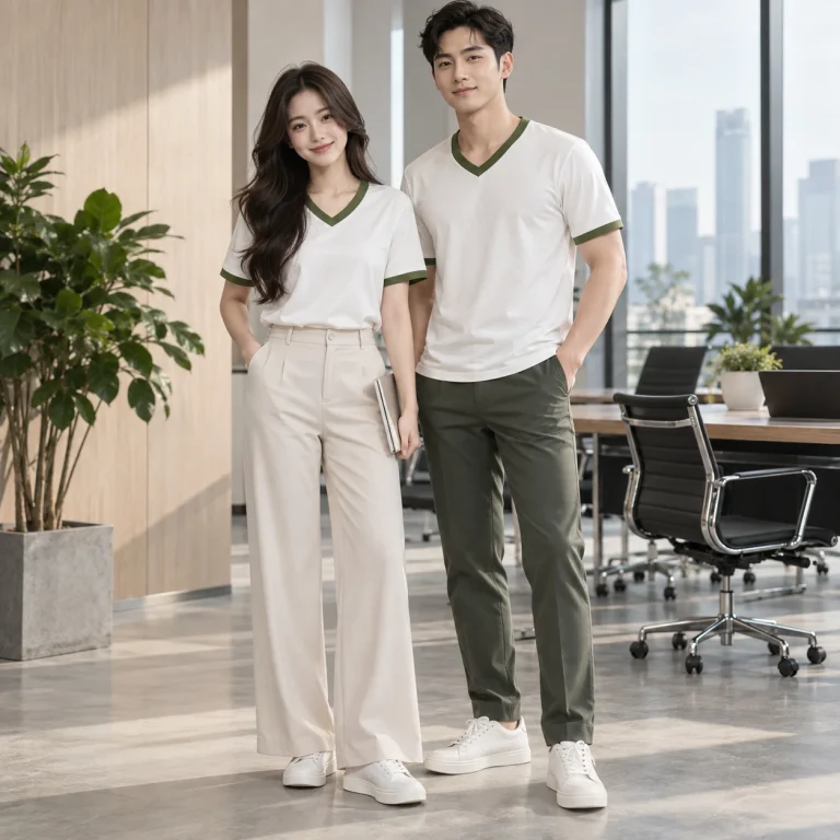 Áo thun cổ tim Cotton Compact đứng phom – form regular cân đối trên người mẫu Việt Nam