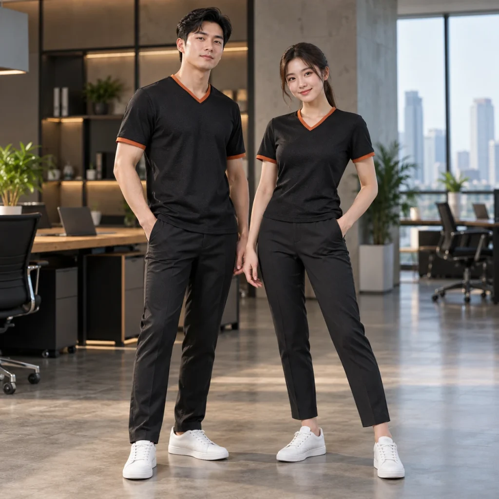 Áo thun cổ tim Twill Eco chống nhăn – form bán ôm may đo công thái học trên người mẫu Việt Nam