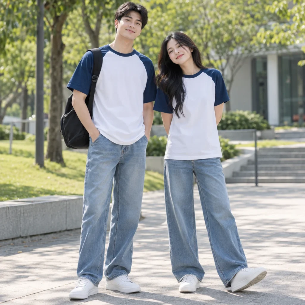 Áo thun raglan Cotton compact Áo thun unisex form regular trên người mẫu Việt Nam