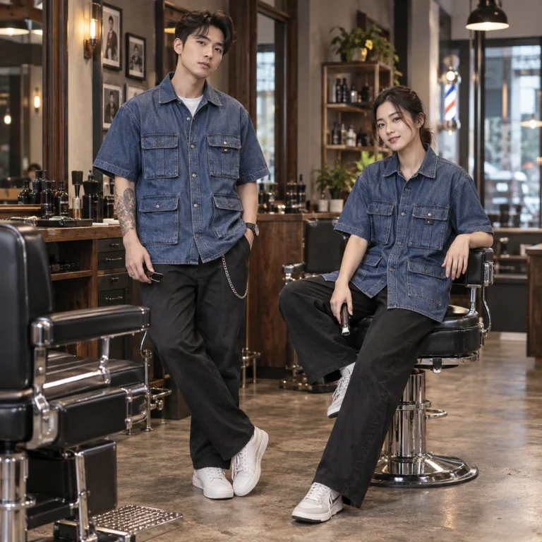 Đồng phục barber shop Denim nhẹ Sơ mi overshirt nhiều túi trên người mẫu Việt Nam