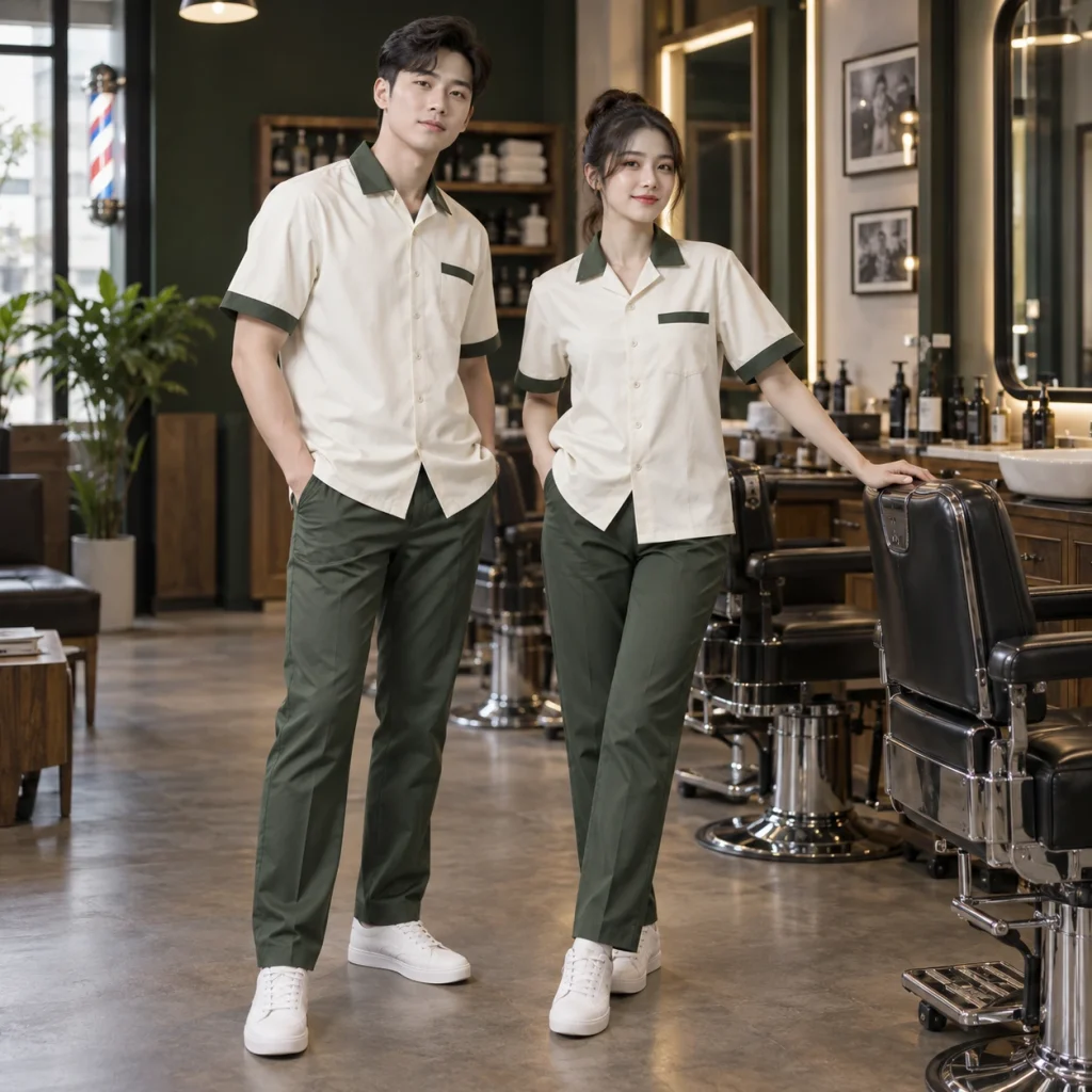 Đồng phục barber shop Cotton Compact đứng phom – form regular cân đối trên người mẫu Việt Nam