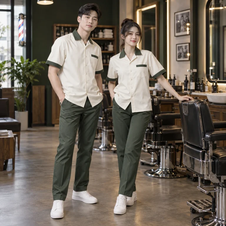 Đồng phục barber shop Cotton Compact đứng phom – form regular cân đối trên người mẫu Việt Nam