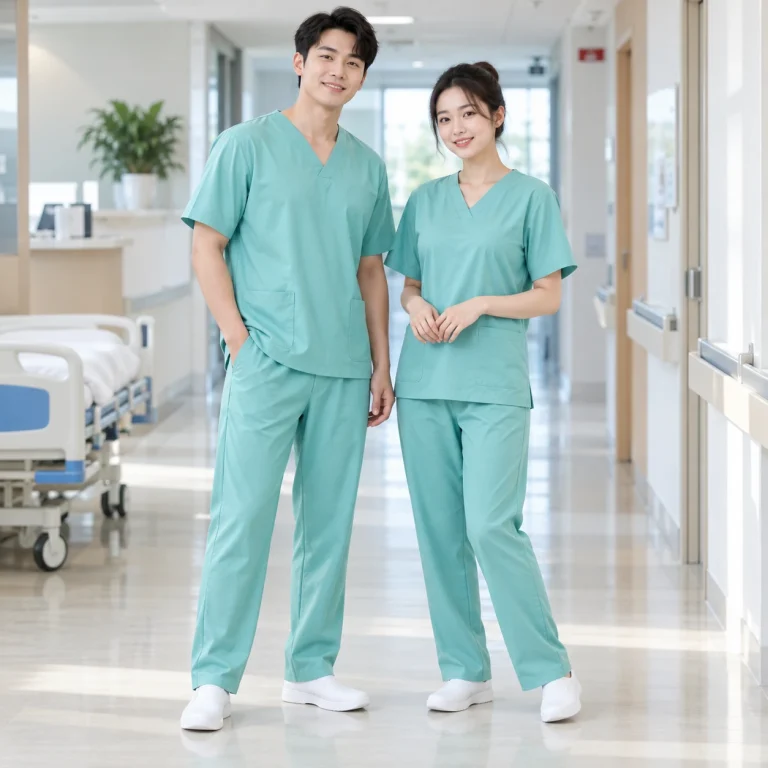 Đồng phục bệnh nhân Cotton spandex kháng khuẩn Bộ áo cổ V và quần suông trên người mẫu Việt Nam