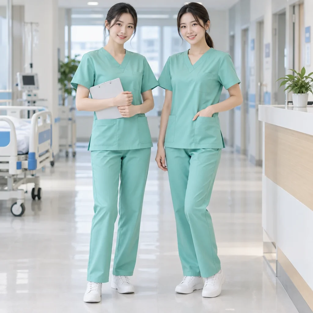 Đồng phục điều dưỡng & y tá Cotton spandex kháng khuẩn Bộ áo cổ V và quần suông trên người mẫu Việt Nam