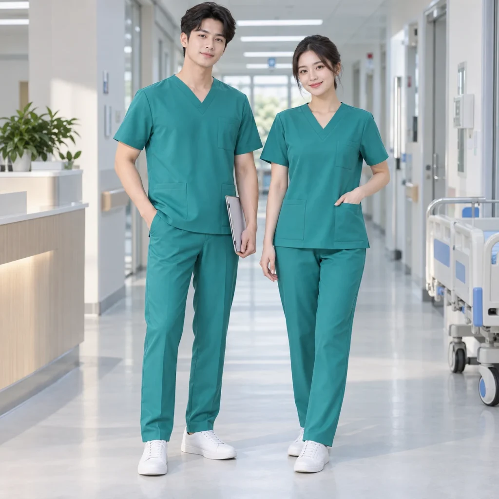 Đồng phục dược sĩ Cotton spandex kháng khuẩn Bộ áo cổ V và quần suông trên người mẫu Việt Nam