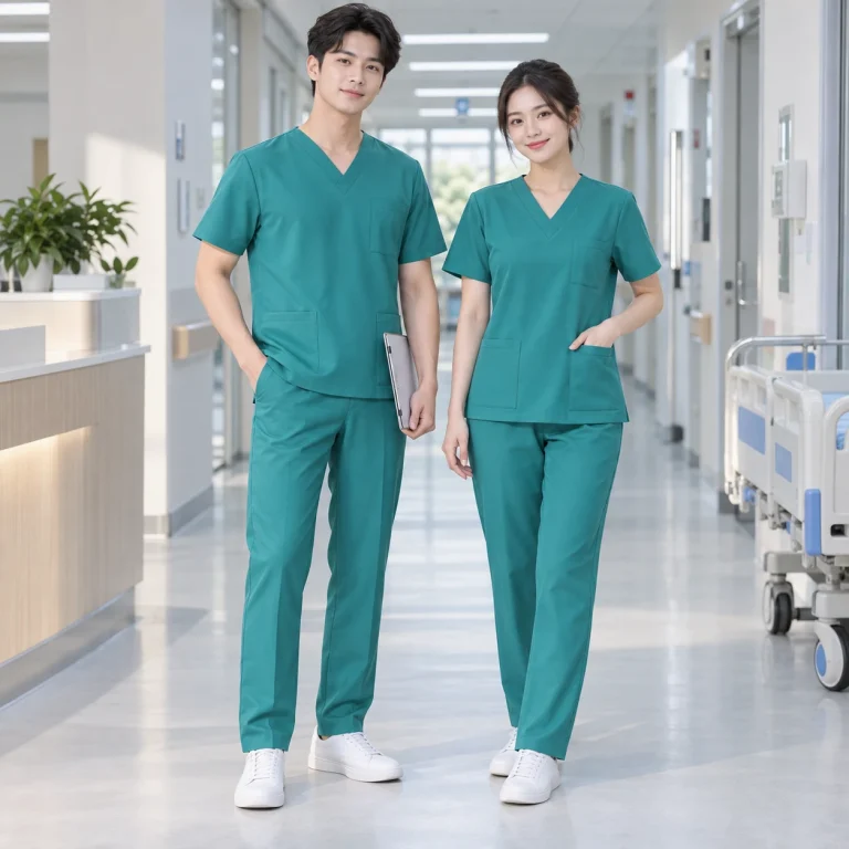 Đồng phục dược sĩ Cotton spandex kháng khuẩn Bộ áo cổ V và quần suông trên người mẫu Việt Nam