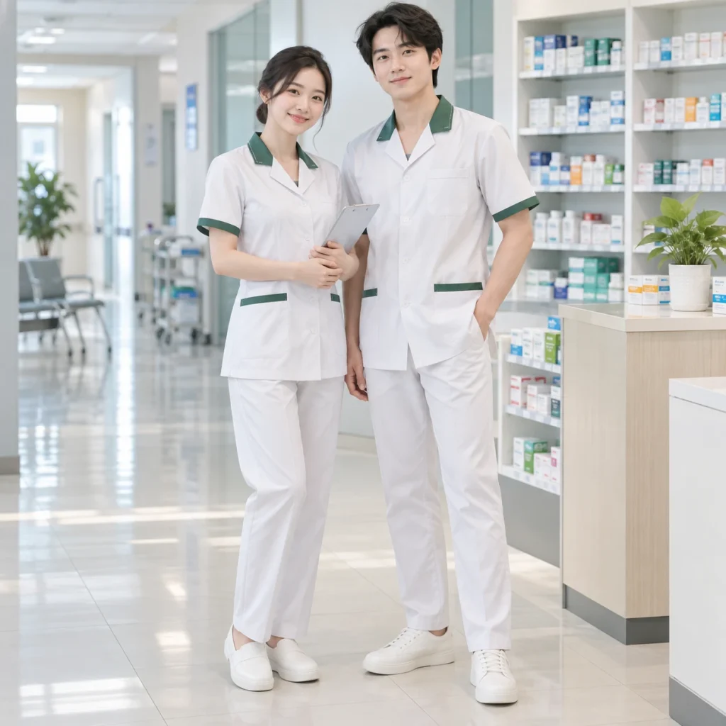 Đồng phục dược sĩ Cotton Compact đứng phom – form regular cân đối trên người mẫu Việt Nam