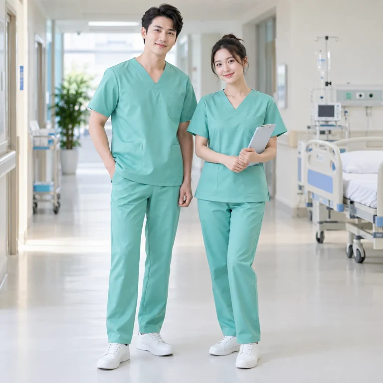 Đồng phục hộ lý Cotton spandex kháng khuẩn Bộ áo cổ V và quần suông trên người mẫu Việt Nam