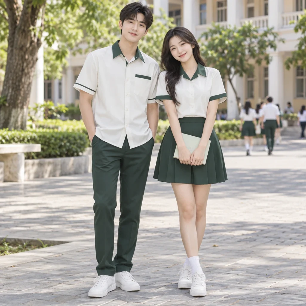 Đồng phục học sinh Cotton Compact đứng phom – form regular cân đối trên người mẫu Việt Nam