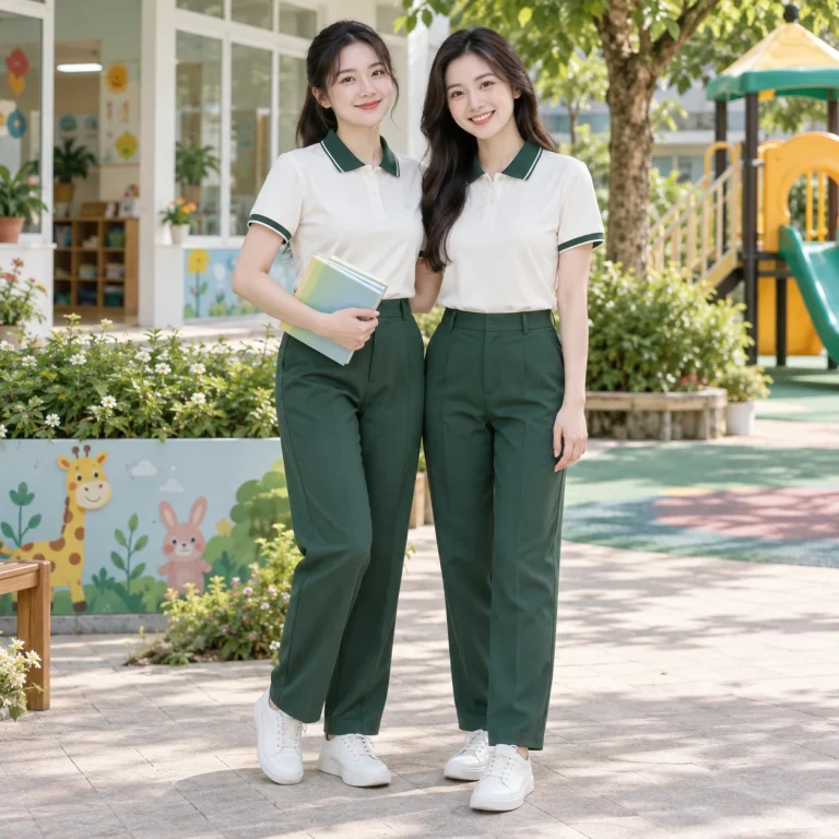 Đồng phục mầm non Cotton Compact đứng phom – form regular cân đối trên người mẫu Việt Nam