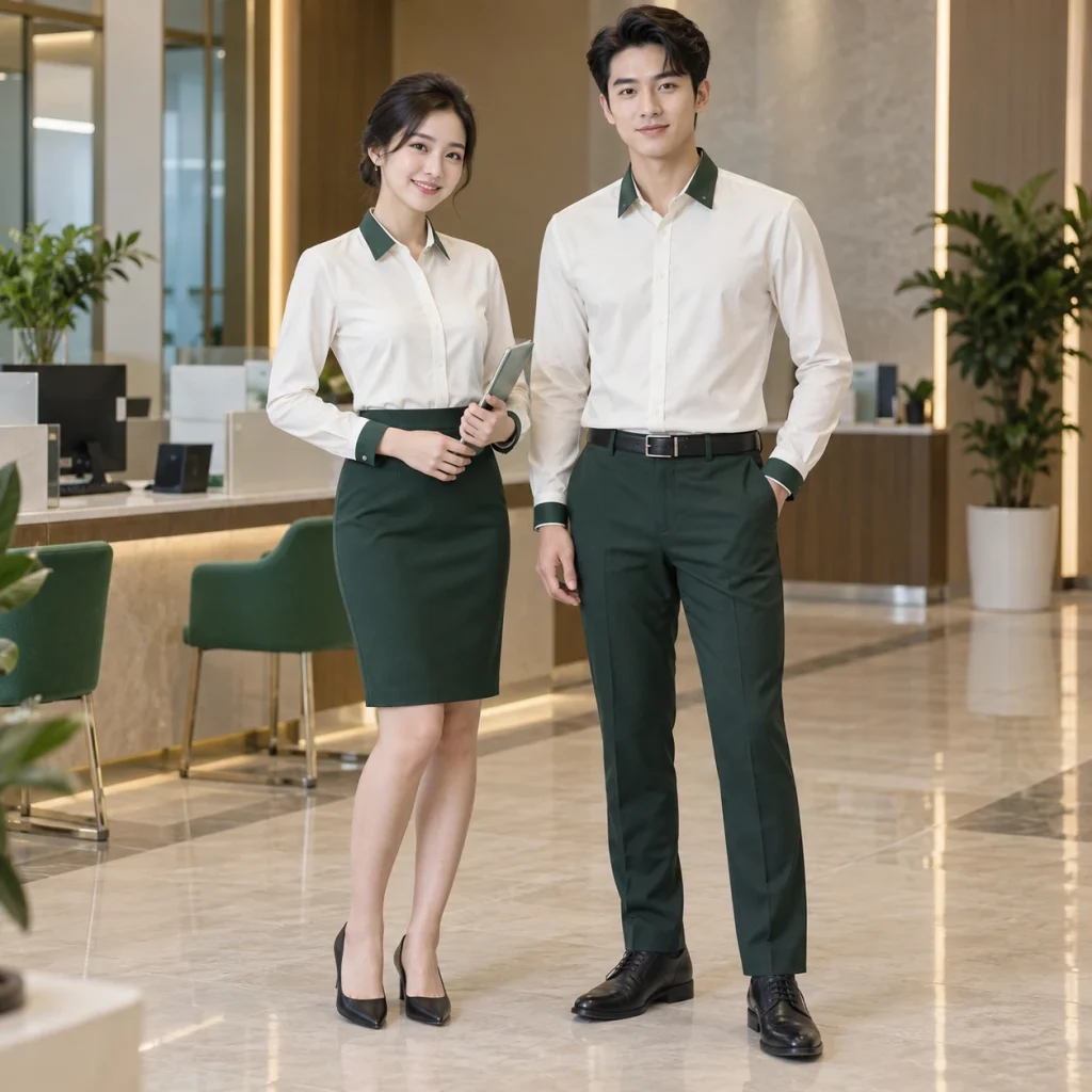 Đồng phục ngân hàng Cotton Compact đứng phom – form regular cân đối trên người mẫu Việt Nam