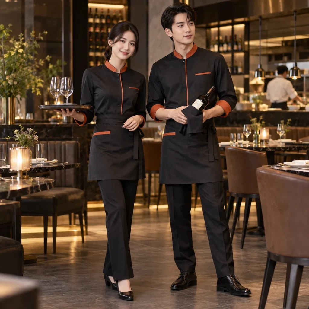 Đồng phục nhà hàng Âu Twill Eco chống nhăn – form bán ôm may đo công thái học trên người mẫu Việt Nam