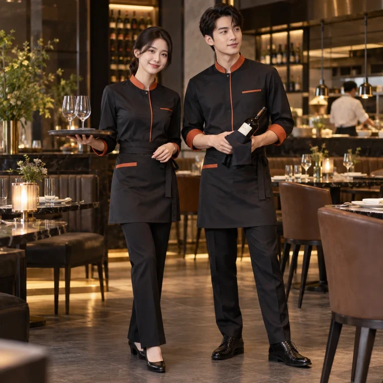 Đồng phục nhà hàng Âu Twill Eco chống nhăn – form bán ôm may đo công thái học trên người mẫu Việt Nam