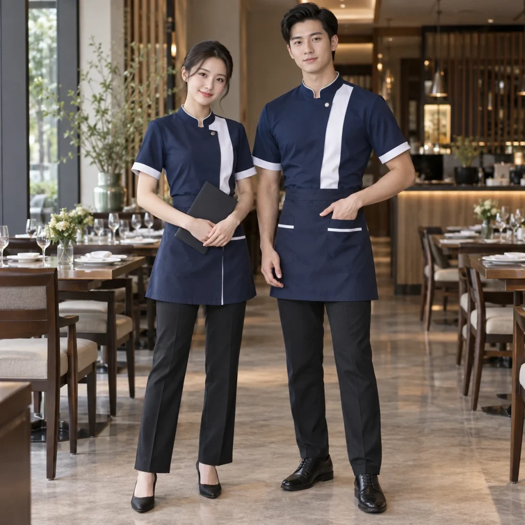 Đồng phục nhà hàng Hoa Cotton pha cao cấp Form regular hiện đại trên người mẫu Việt Nam