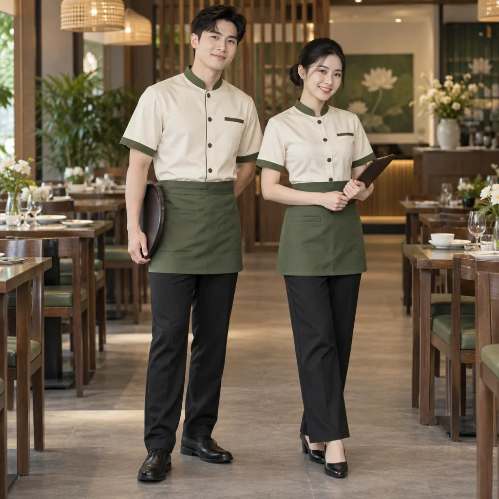 Đồng phục nhà hàng Hoa Cotton Compact đứng phom – form regular cân đối trên người mẫu Việt Nam