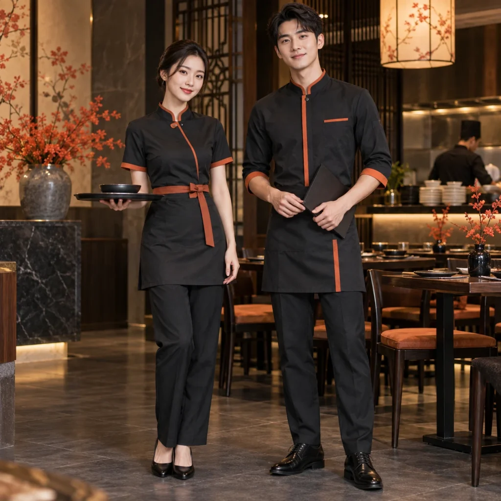Đồng phục nhà hàng Hoa Twill Eco chống nhăn – form bán ôm may đo công thái học trên người mẫu Việt Nam