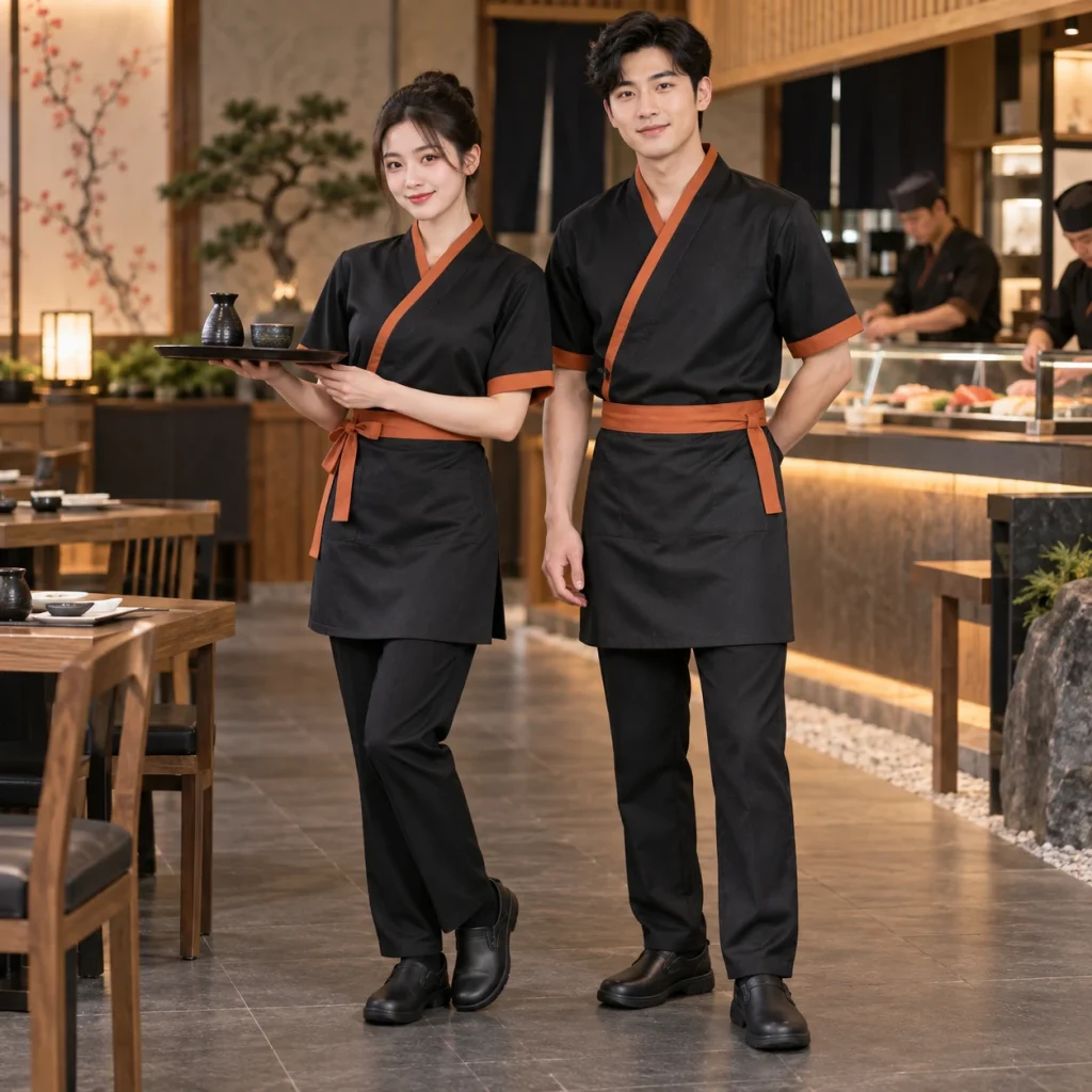 Đồng phục nhà hàng Nhật Twill Eco chống nhăn – form bán ôm may đo công thái học trên người mẫu Việt Nam