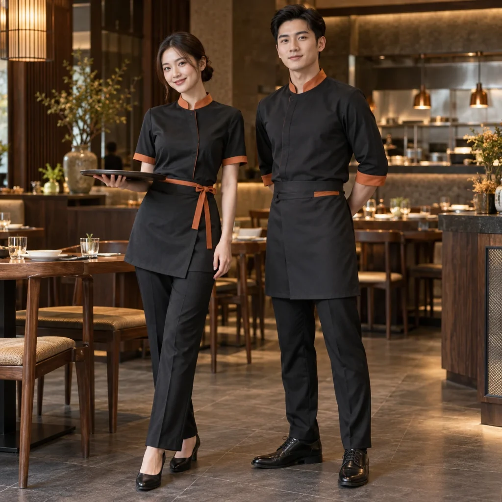 Đồng phục nhà hàng Việt Twill Eco chống nhăn – form bán ôm may đo công thái học trên người mẫu Việt Nam