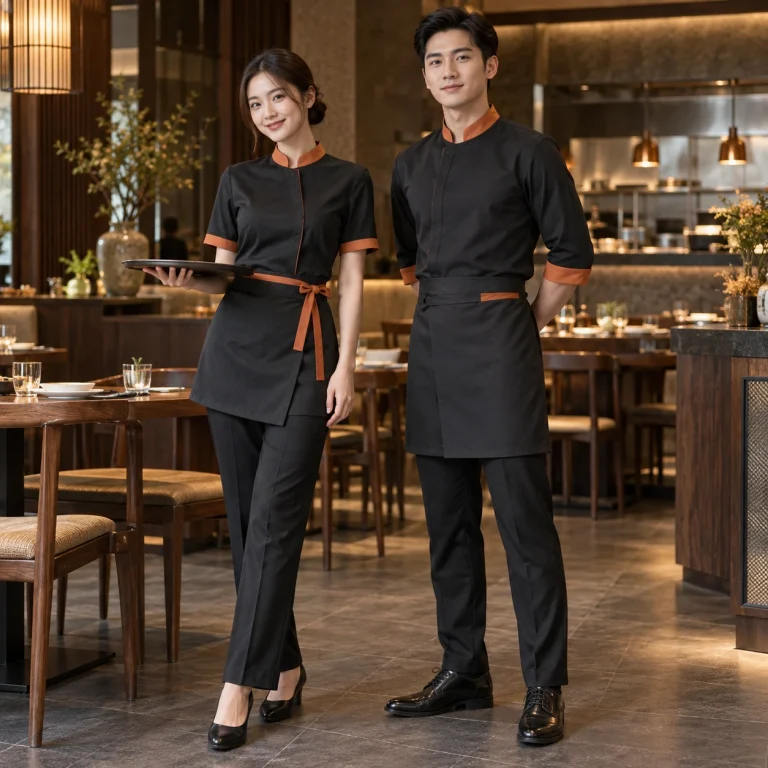 Đồng phục nhà hàng Việt Twill Eco chống nhăn – form bán ôm may đo công thái học trên người mẫu Việt Nam