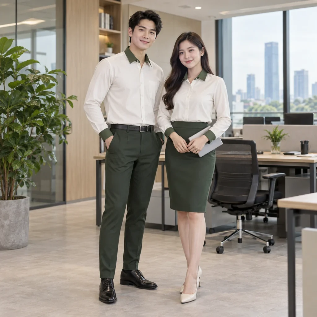 Đồng phục nhân viên văn phòng Cotton Compact đứng phom – form regular cân đối trên người mẫu Việt Nam