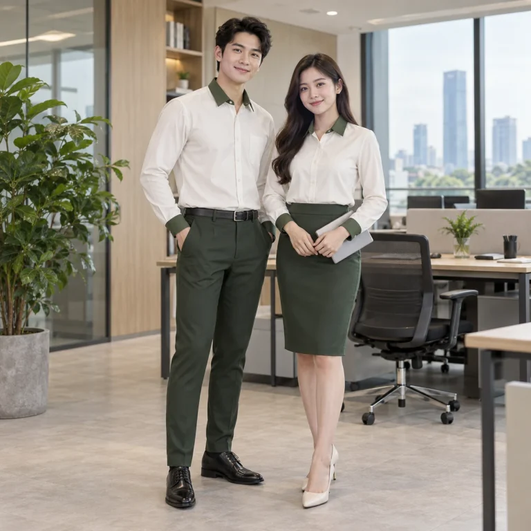 Đồng phục nhân viên văn phòng Cotton Compact đứng phom – form regular cân đối trên người mẫu Việt Nam