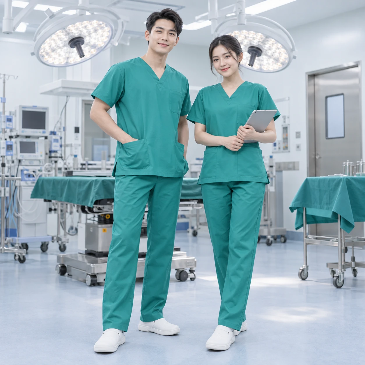 Đồng phục phòng mổ Cotton spandex kháng khuẩn Bộ áo cổ V và quần suông trên người mẫu Việt Nam