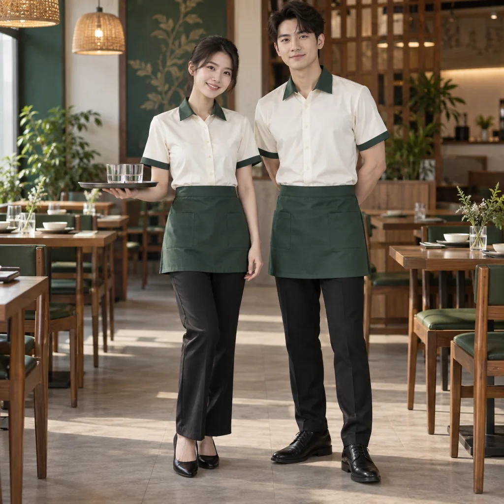 Đồng phục phục vụ Cotton Compact đứng phom – form regular cân đối trên người mẫu Việt Nam