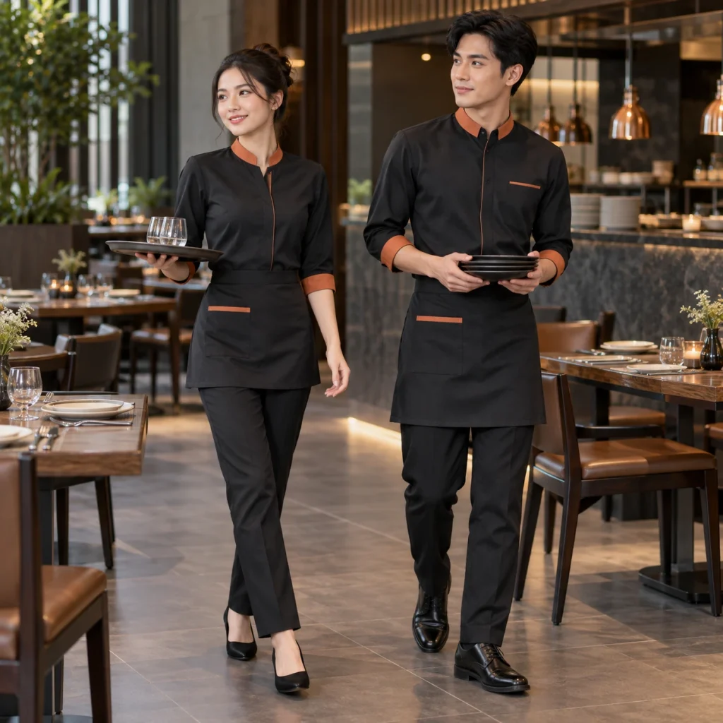 Đồng phục phục vụ Twill Eco chống nhăn – form bán ôm may đo công thái học trên người mẫu Việt Nam