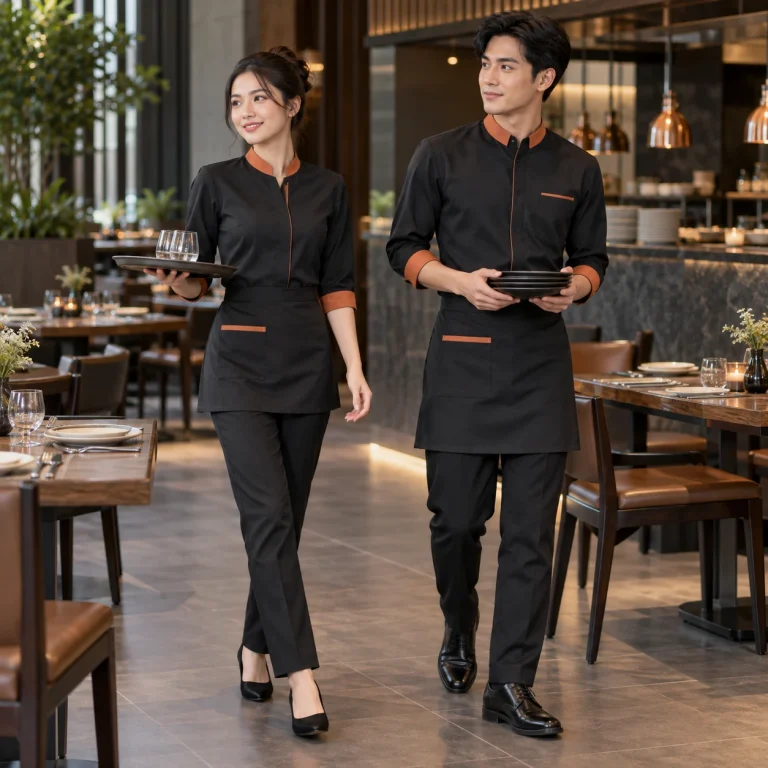 Đồng phục phục vụ Twill Eco chống nhăn – form bán ôm may đo công thái học