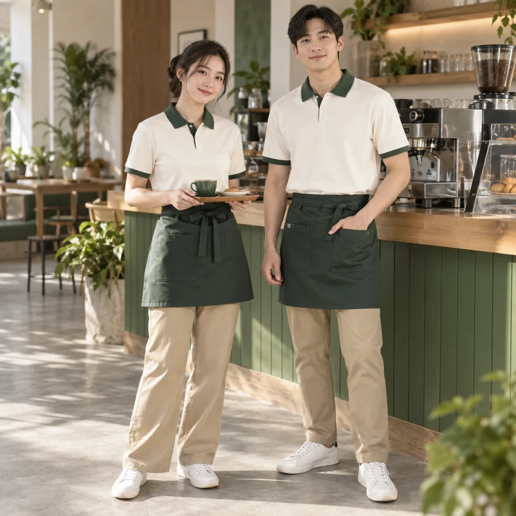 Đồng phục quán café Cotton Compact đứng phom – form regular cân đối trên người mẫu Việt Nam
