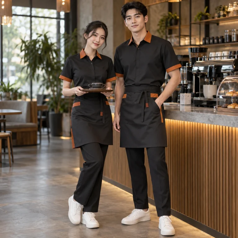 Đồng phục quán café Twill Eco chống nhăn – form bán ôm may đo công thái học