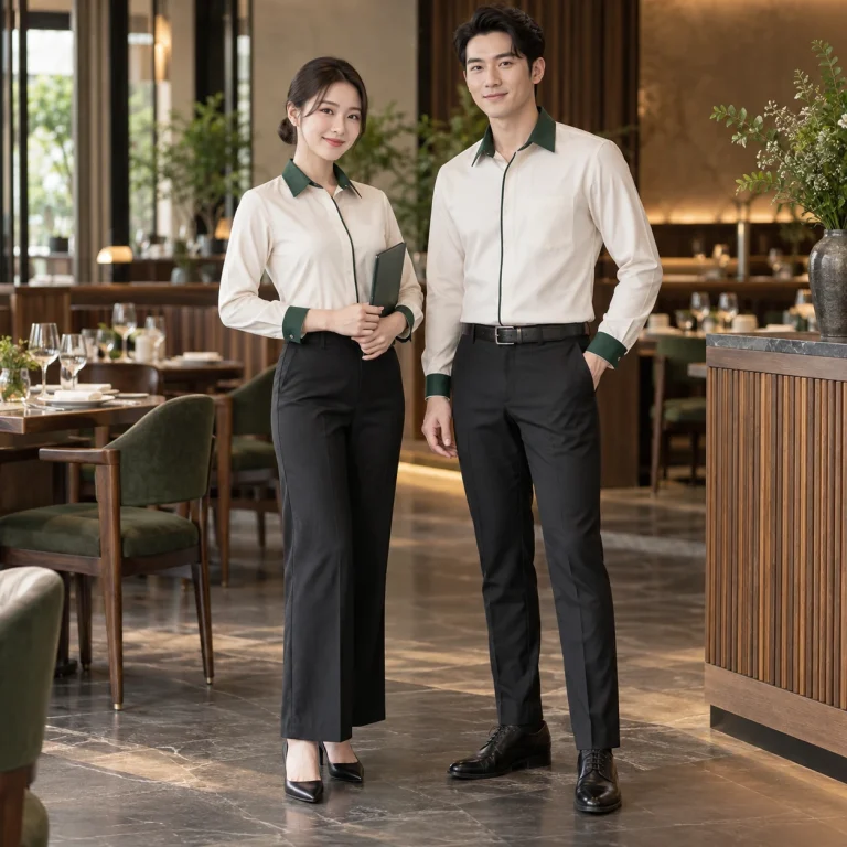 Đồng phục quản lý nhà hàng Cotton Compact đứng phom – form regular cân đối trên người mẫu Việt Nam