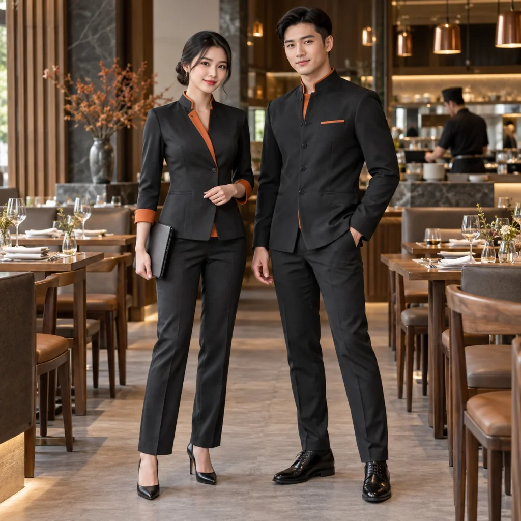 Đồng phục quản lý nhà hàng Twill Eco chống nhăn – form bán ôm may đo công thái học trên người mẫu Việt Nam