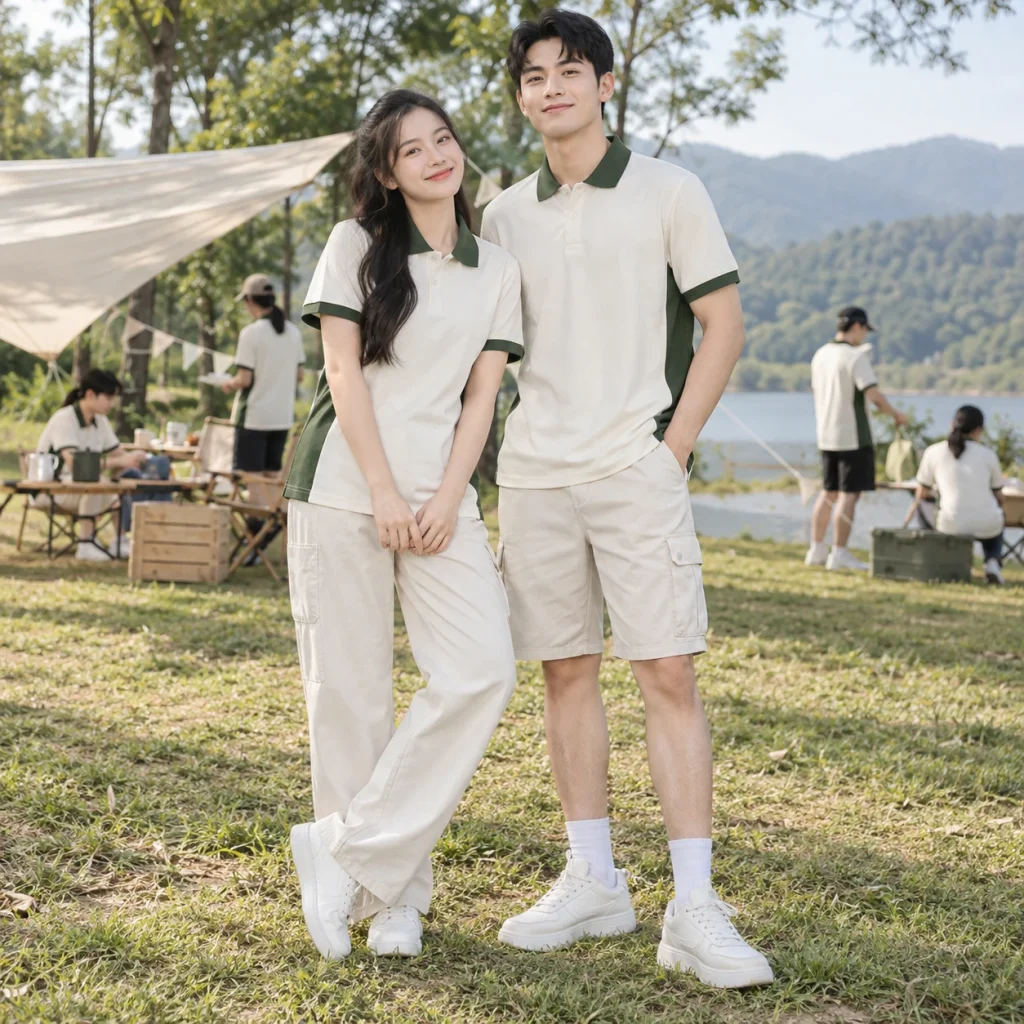 Đồng phục team building Cotton Compact đứng phom – form regular cân đối trên người mẫu Việt Nam