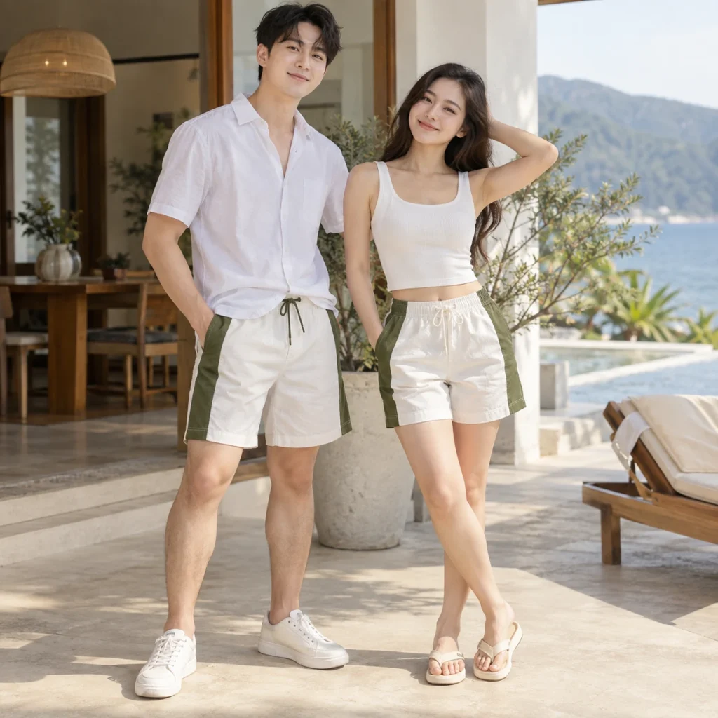 Quần đi biển Cotton Compact đứng phom – form regular cân đối trên người mẫu Việt Nam