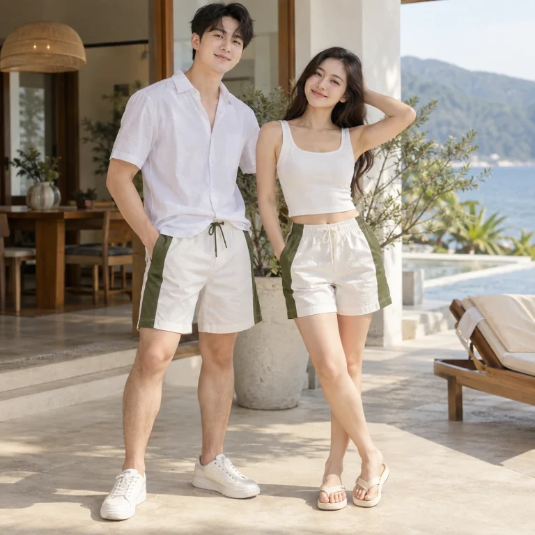 Quần đi biển Cotton Compact đứng phom – form regular cân đối trên người mẫu Việt Nam