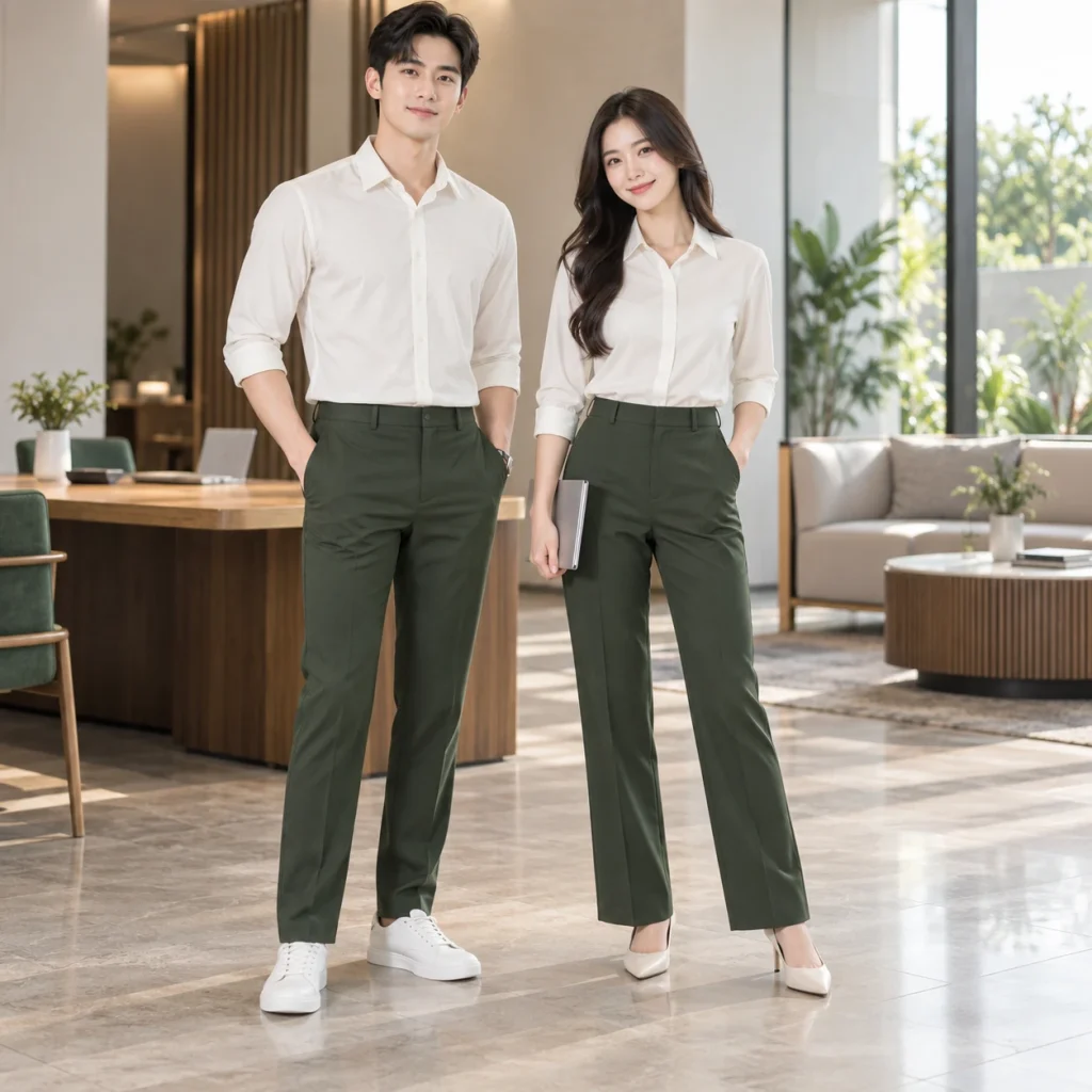 Quần tây đồng phục Cotton Compact đứng phom – form regular cân đối trên người mẫu Việt Nam