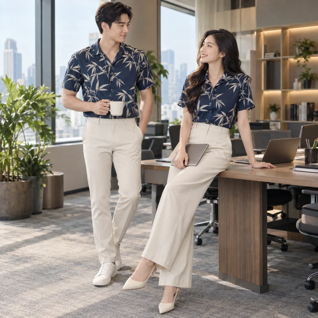 Sơ mi du lịch họa tiết Bamboo Air mềm mát – form hiện đại ôm vừa trên người mẫu Việt Nam