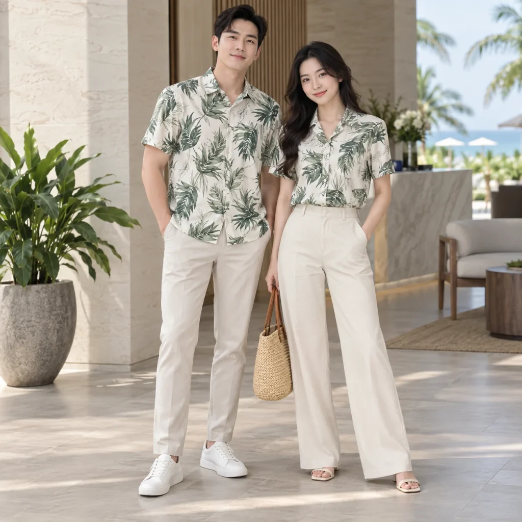 Sơ mi du lịch họa tiết Cotton Compact đứng phom – form regular cân đối trên người mẫu Việt Nam