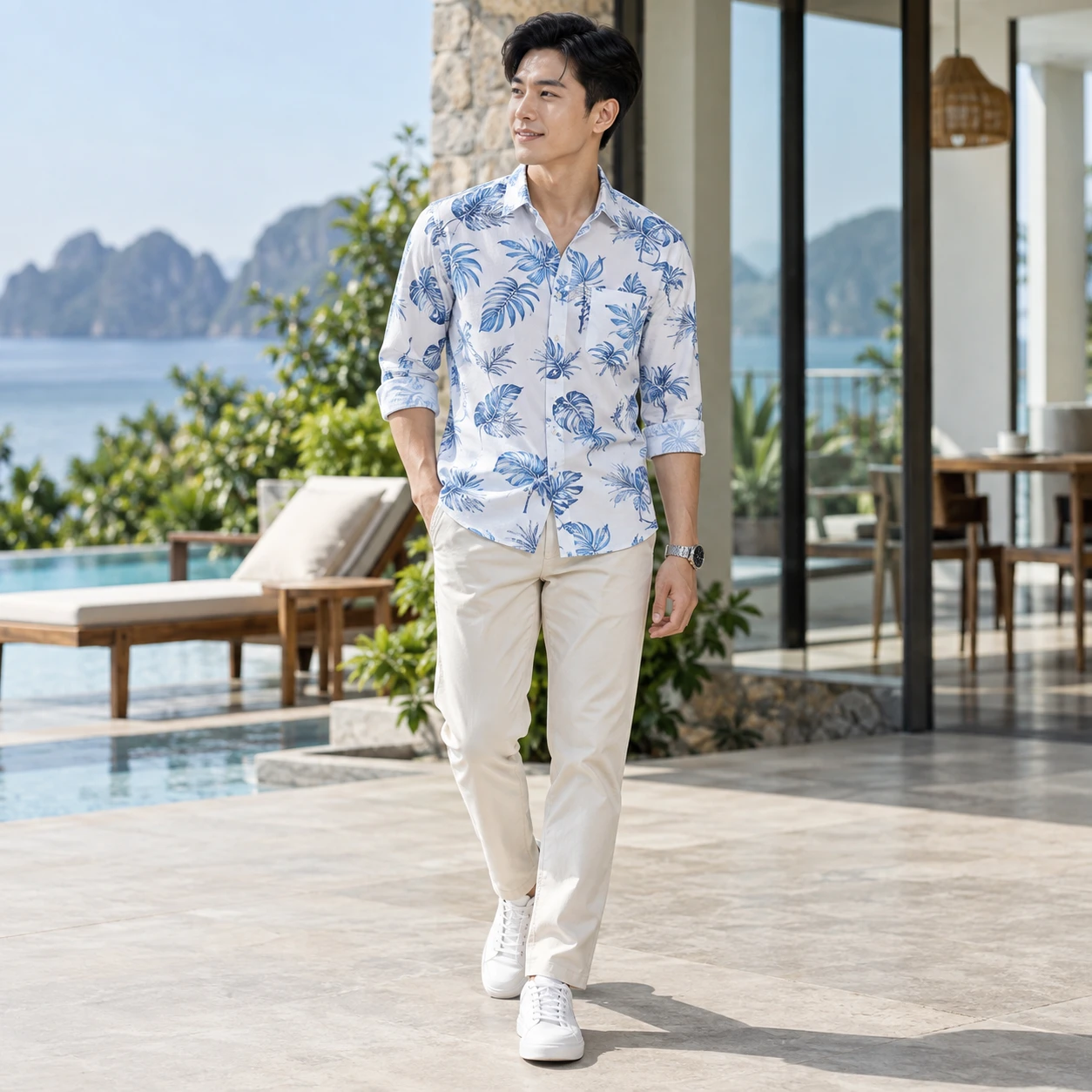 Sơ mi du lịch họa tiết Kate Ý ít nhăn Sơ mi form regular trên người mẫu Việt Nam