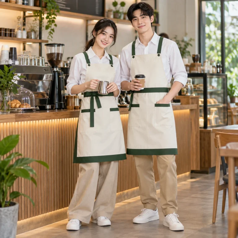 Tạp dề đồng phục Cotton Compact đứng phom – form regular cân đối trên người mẫu Việt Nam