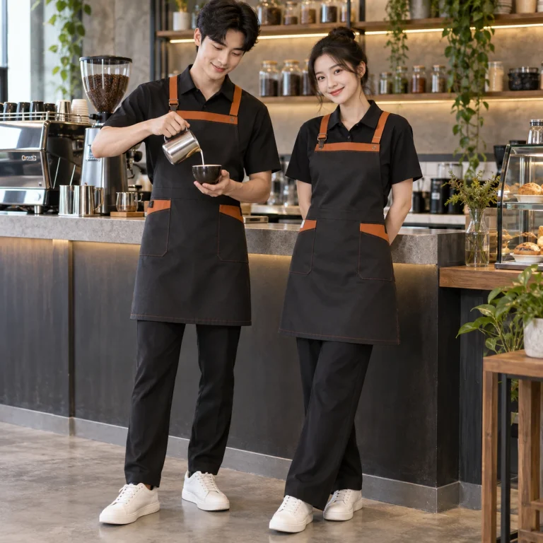 Tạp dề đồng phục Twill Eco chống nhăn – form bán ôm may đo công thái học trên người mẫu Việt Nam